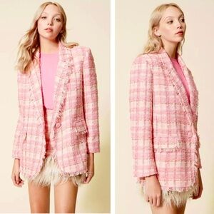 TWINSET ACTITUDE Jacquard Check Boucle Tweed Lurex Fringe Boyfriend Fit Blazer
